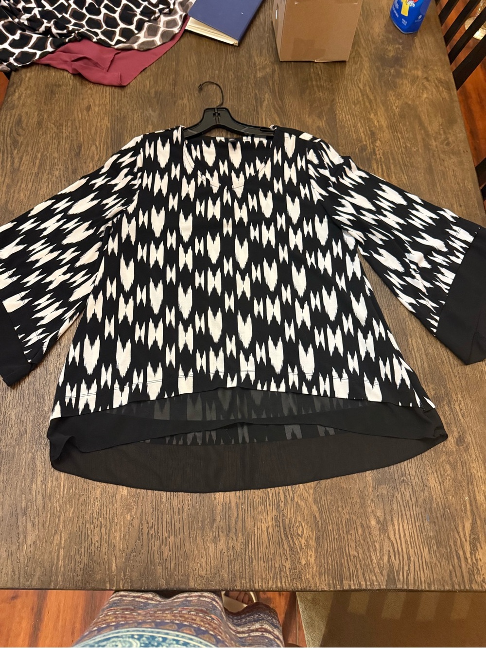 Black & White Patterned Women's Blouse - Sheer Hem
